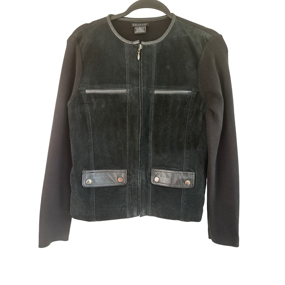 Escapade Suede Leather Ribbed Knit Zip Jacket Women Small